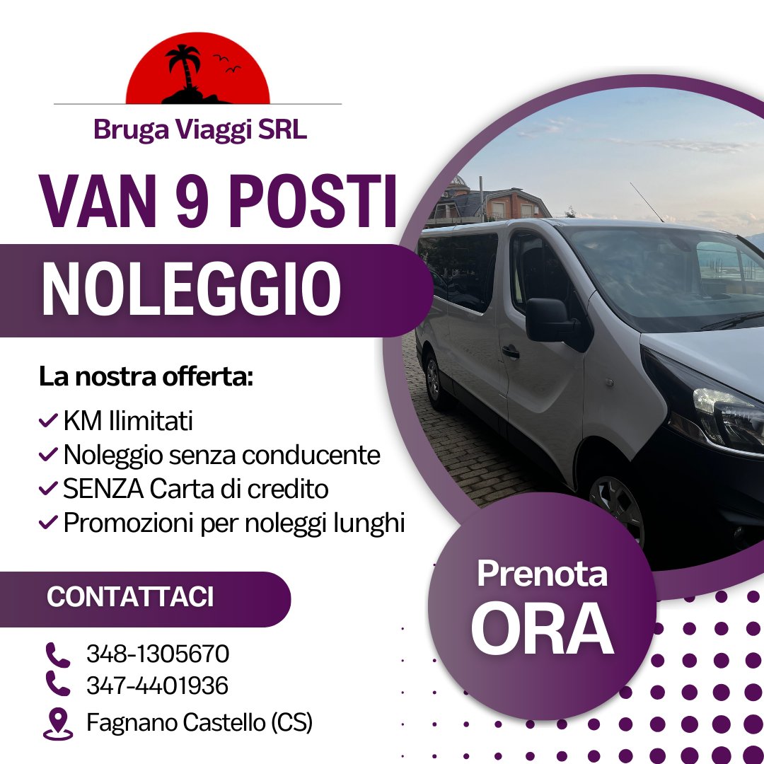 Noleggio Van 9 Posti - Bruga Viaggi - Km illimitati, senza carta di credito